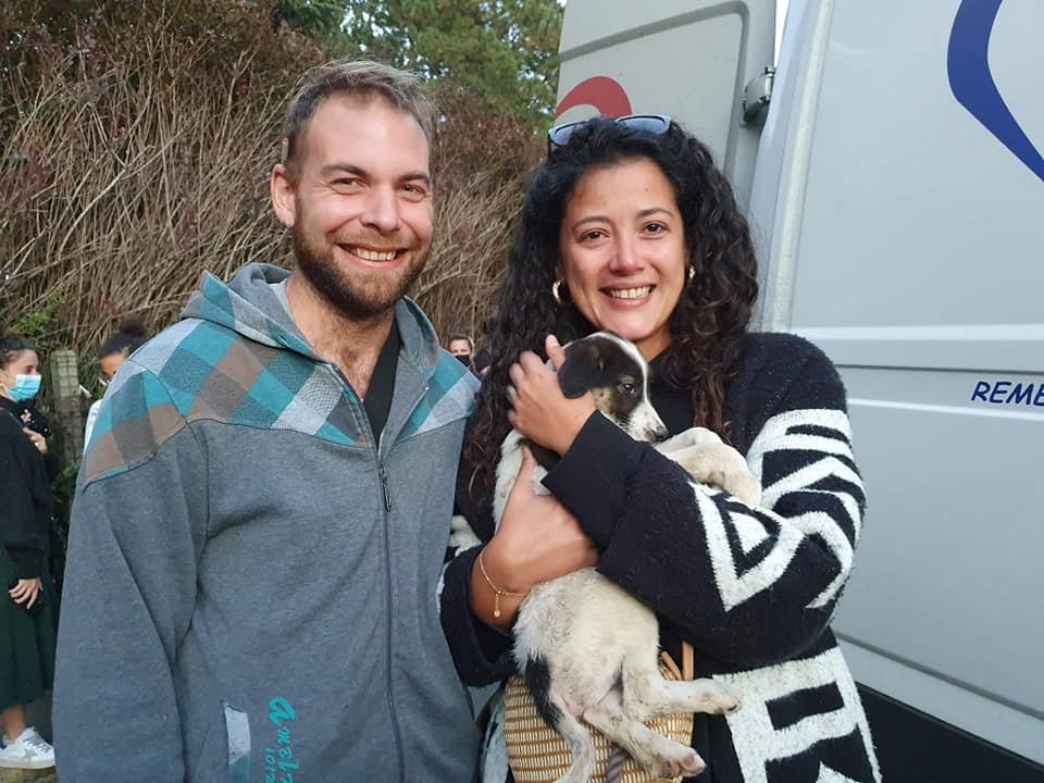 Une famille recoit son chien adopte a l'arrivee d'un convoi Remember Me France
